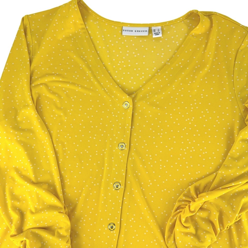 Susan Graver L Yellow Polka Dot V-Neck Liquid Knit Button Up Tunic Shirt Top
